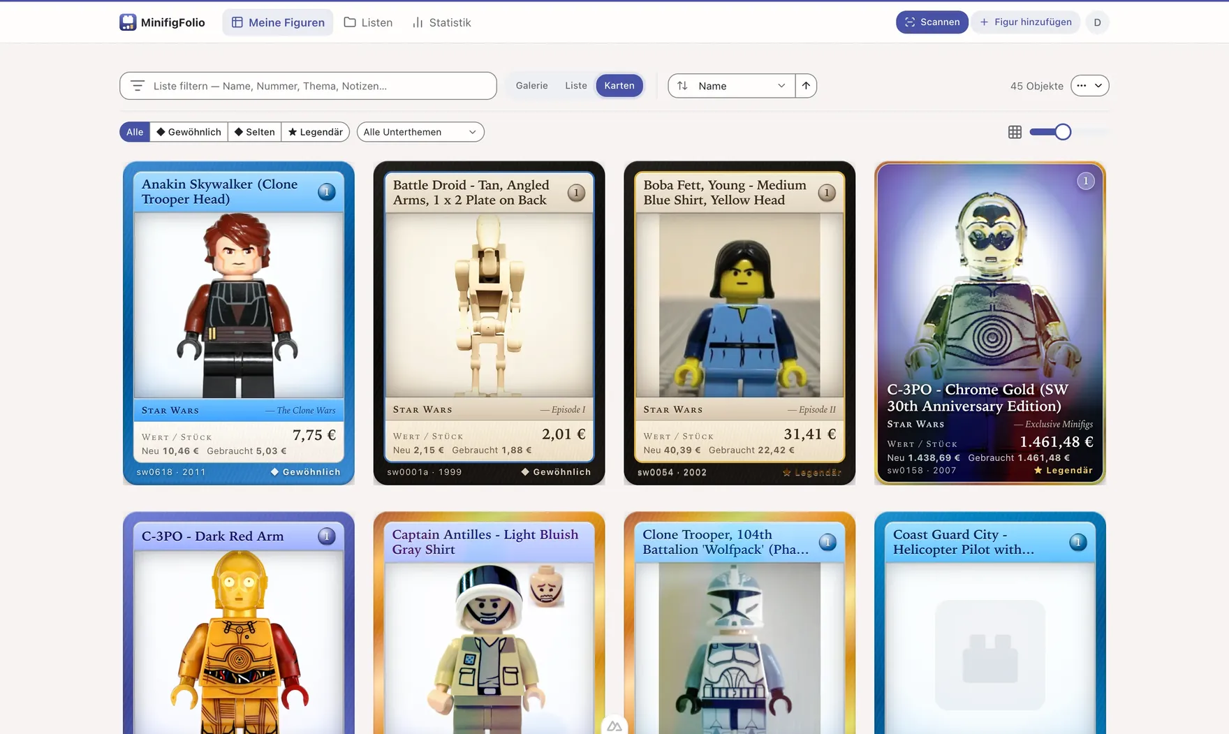 The card view with minifigures as trading cards